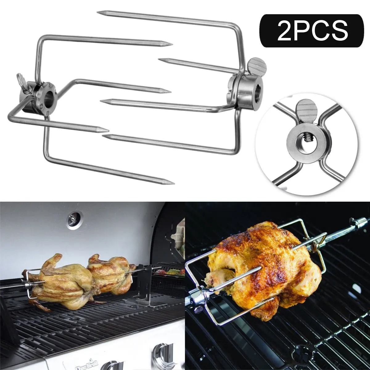 ROTISSERIE CHICKEN FORKS STAINLESS STEEL BBQ CHARCOAL GAS SPIT GRIPS PRONGS 2 