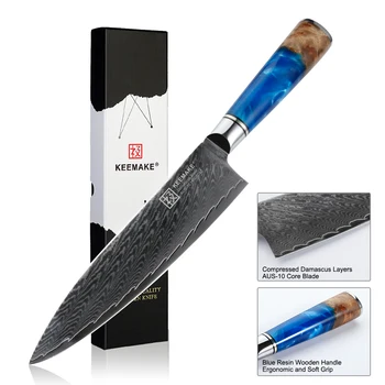 

Professional 8'' Chef Knife Japanese Damascus AUS-10 Steel Sharp Blade Kitchen Knives Blue Resin Handle Meat Vegetable Cutter