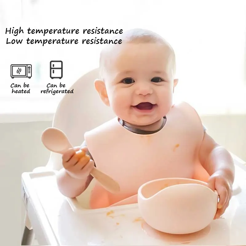 BPA Free Baby Silicone Tableware Waterproof Bib Flexible Saliva Towel Solid Color Sucker Bowl And Spoon For Children