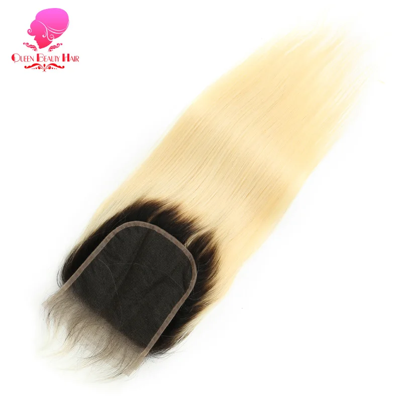 QUEEN BEAUTY 3 Bundles and Closure 2 Tone Dark Roots 1B/613 Ombre Blonde Brazilian Straight Bundles Remy Human Hair with Closure