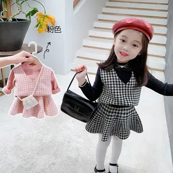 

2020 New Girl Baby 3pcs Clothing Set Autumn Winter Elegant Fashion Plaid Suits Vests+skirts+sweater Children Birthday Clothes