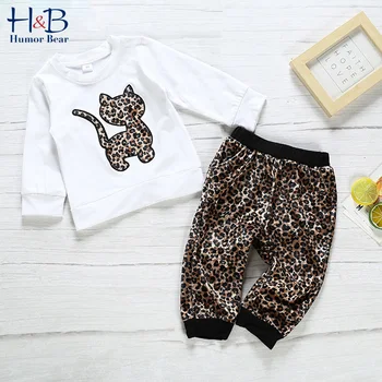 

Humor Bear Boy Girls Sets New Autumn Cartoon Cute Cat Long Sleeve Top Leopard Pant 2Pcs Fashion Kids Clothes