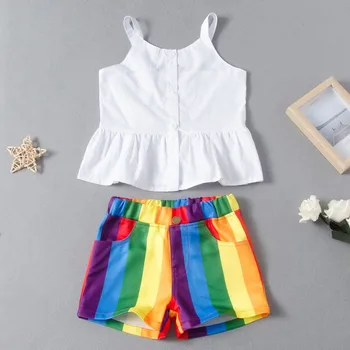 

Baby Girls Clothes Sets Summer Casual Vest Solid Color Sleeveless Tops+Rainbow Color Shorts Children Clothing Sets Outfits Suits
