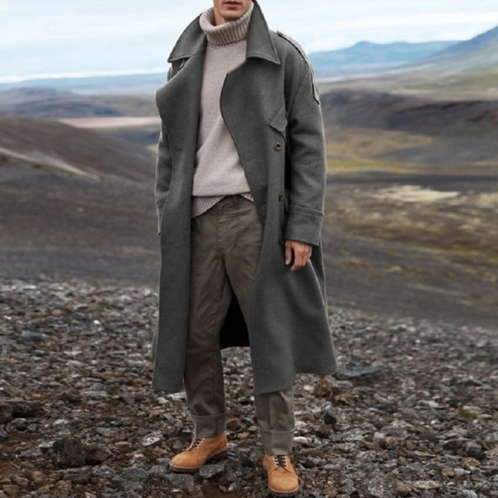 Длинный Тренч, мужской однотонный классический осенне-зимний пиджак, мужской повседневный Свободный плащ в британском стиле, пальто, уличная куртка