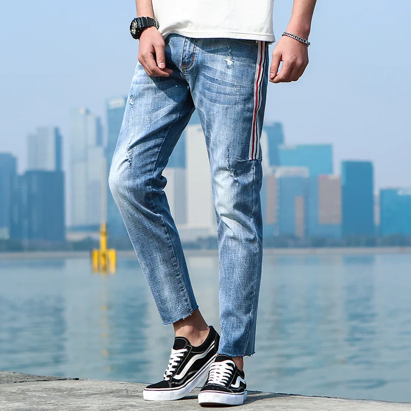 

Spring Men Light Color Capri Jeans Korean-style Trend Pants Men's Slim Fit Skinny Pants Ripped Jeans Men's Ripped Pants