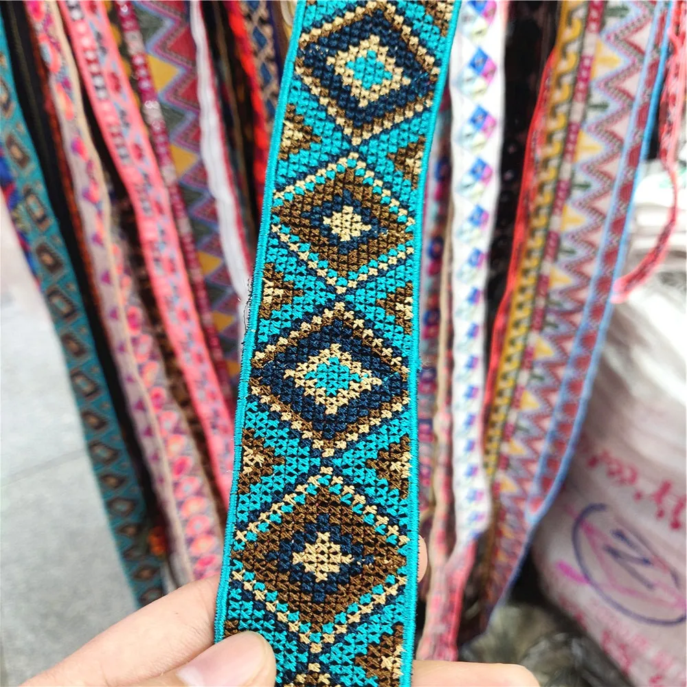1Yard Yarn-dyed Ethnic Bright Embroidered Webbing Fabric Lace Ribbon Colorful Thread Trim Sewing For DIY Clothes Bag Accessories