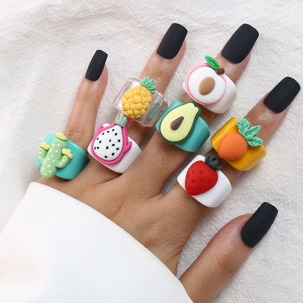 Cartoon Fruit Ring Women Fashion Korean Cute Animal Resin Acrylic Set Christmas Birthday Party Gift Jewelry for Female Girl | Украшения и