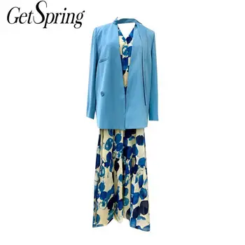 

GetSpring Women Suit Dress Temperament Dress Suits For Women V Neck Coat With Printed Dress Set Fashion Women Suits Autumn 2020