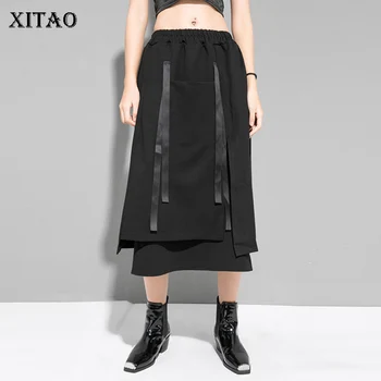 

XITAO Pleated Drawstring Skirt Fashion New 2019 Winter Elegant Small Fresh Pocket Elastic Waist Black Casual Skirt DMY2161