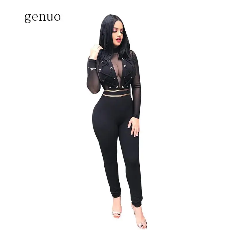 

Sexy Sheer Mesh Bandage Night Party Club Jumpsuit Women Casual Long Sleeve Zipper Up Patchwork Rompers Street Outfit Overalls
