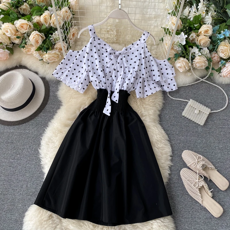 Boho Ruffles sexy Off shoulder polka dot print patchwork Summer short Dress Women slim waist dress casual a-line beach dress