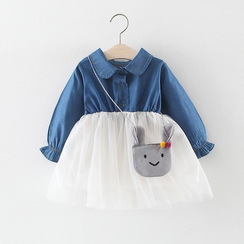 Long Sleeve Denim Baby Girls Dress With Bag Stitching Dress Tops Dresses Princess Dress+Shoulder Bag