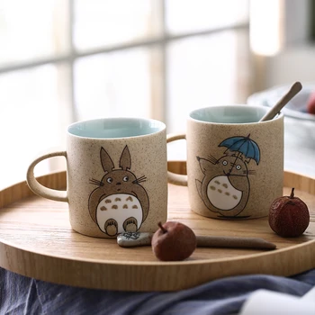 

EWAYS High Quality 200ml Hand Make Ceramics Mugs With Spoon and Cover Totoro Cartoon Theme Milk Mugs Cup Kitchen Tools