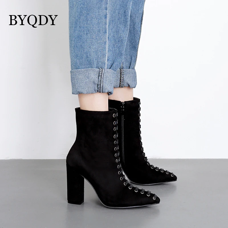 

BYQDY Women Flock Autumn Ankle Boots Square High Heels Female Pointed Toe Lace Up Ladies Casual Fashion Shoes Size 40 Discount