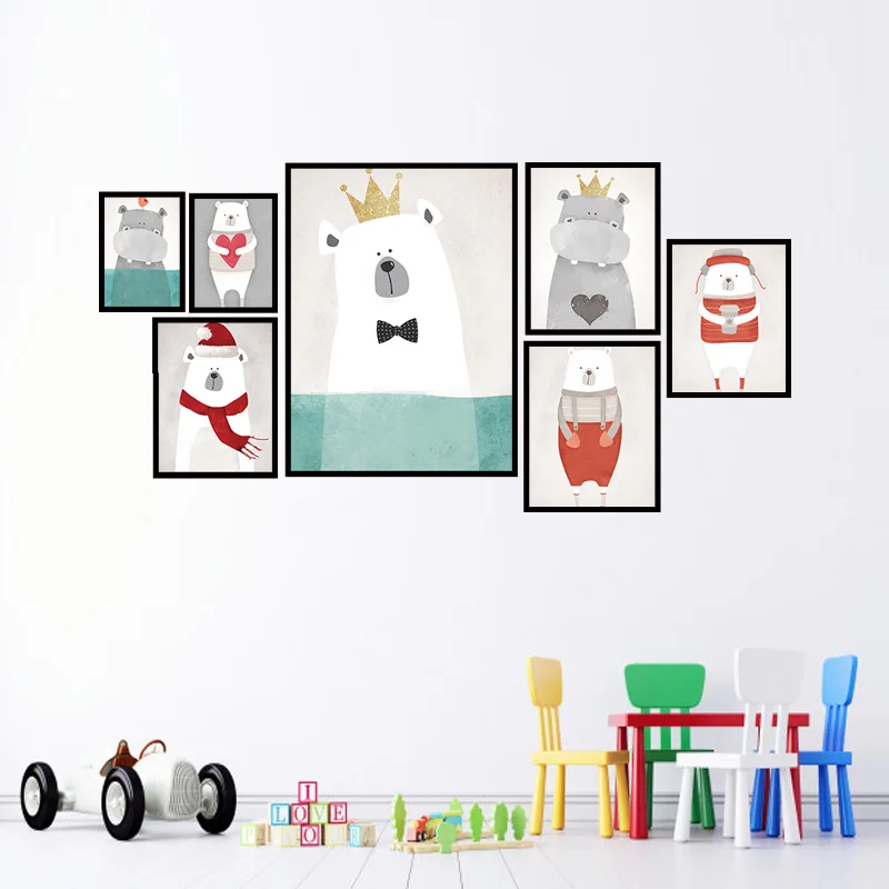 Мультяшный постер с изображением милого медведя и бегемота А4 минималистское