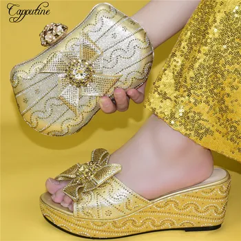 

Nice gold wedge heel slipper shoes matching with handbag sets for wedding/party 88-19, Heel Height 7.5cm