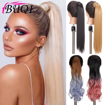 

BUQI 24" Long Straight Around Clip In Ponytail Hair Extension Heat Resistant Synthetic Natural black Pony Tail Fake Hair