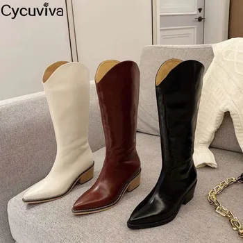

Real Leather Knee High Boots Women Sexy Point Toe Riding Boots Chunky Heels Women Winter Boots HIgh Heel Shoes Black Long Boots