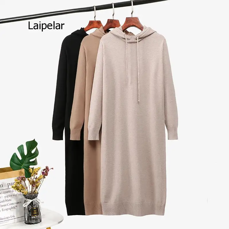 

Oversize Autumn Winter Basic Hooded Long Sweater Dress Women Loose Thick Maix Dress Female Robe Chic Knit Straight Dress