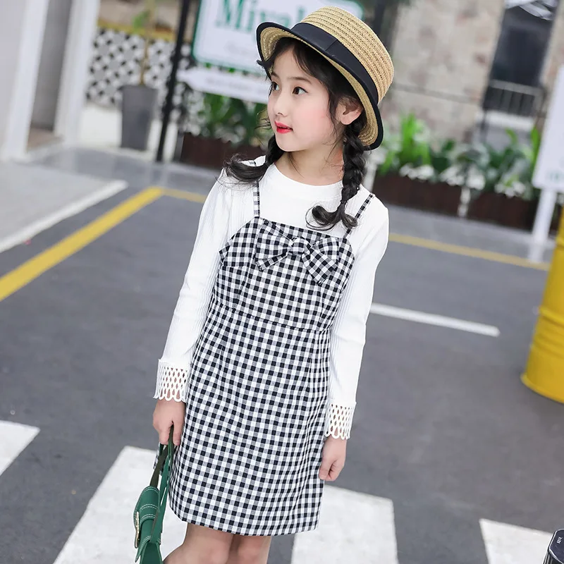 

2019 Girls Big Boy Korean-style Trend of Fashion Plaid College Style Girls Big Boy Strap Dress Set