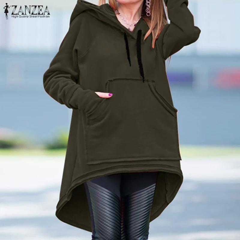 Асимметричные толстовки женские свитшоты ZANZEA осенние толстовки с длинными рукавами верхняя одежда женские передние пуловеры с карманами