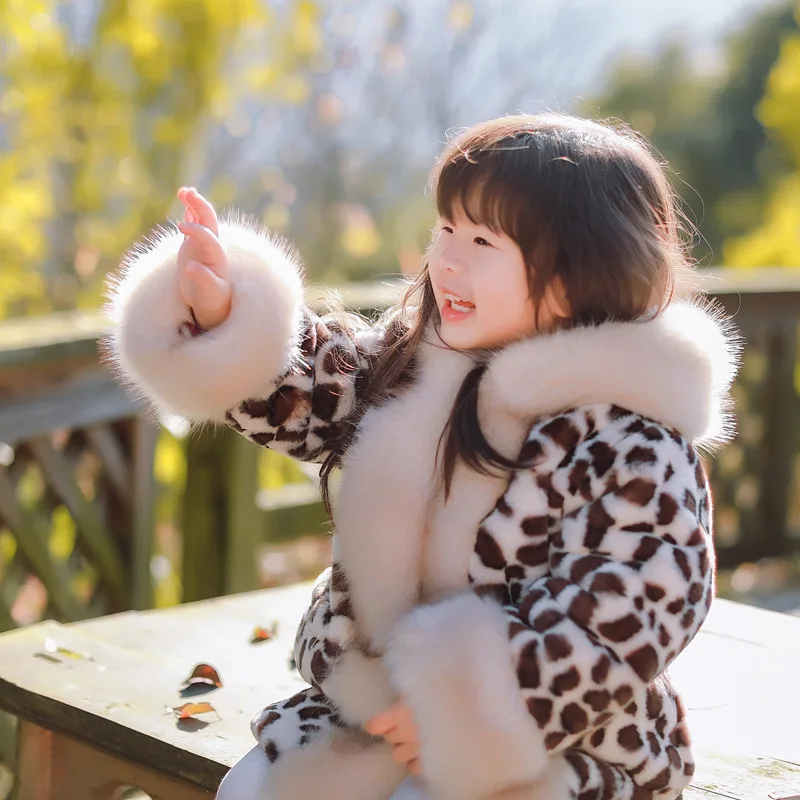 

Fashion Toddler Girl Clothes Winter Big Fur Long Parkas Leopard Print Thicken Warmly Girls Jackets 8 9 10 12 13 14 years