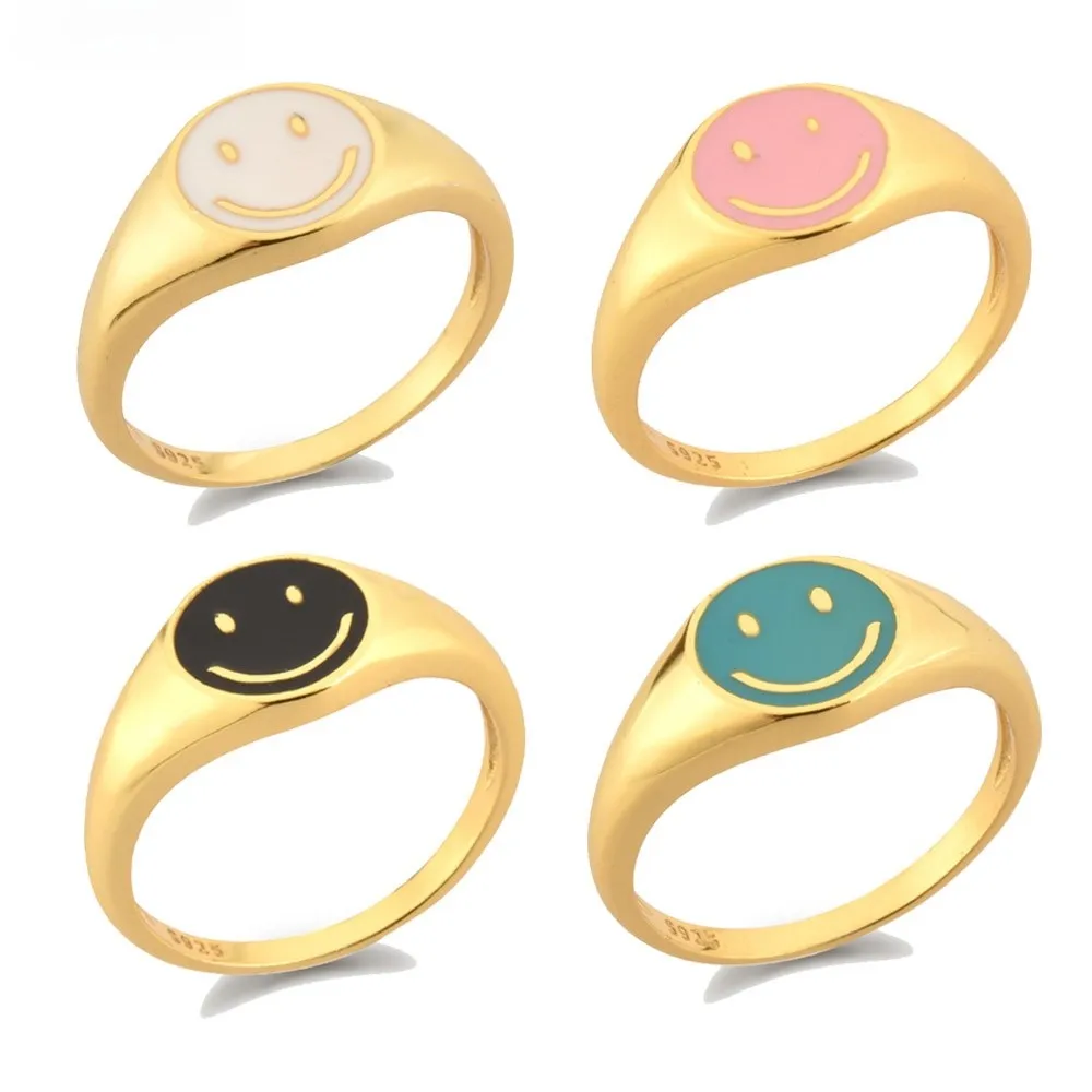 Anillo de Plata de Ley 925 con esmalte de sonrisa para mujer, joyería fina de lujo, anillos con sonrisa de color blanco, negro y rosa