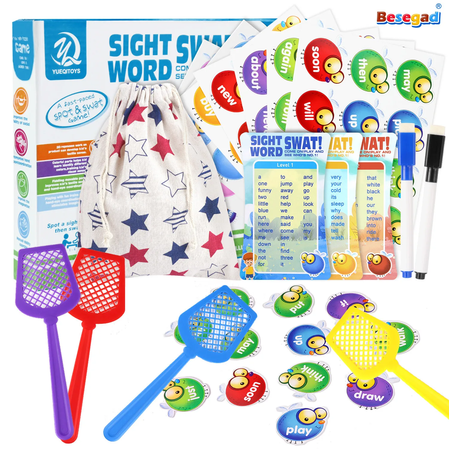Juego de palabras de Swat a Sight para niños pequeños, juguetes para combinar con bolsa de almacenamiento, bolígrafos, educación en casa, guardería, 142 Uds.