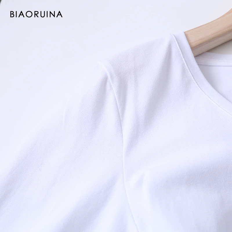BIAORUINA Womens Cotton Basic All-match V-neck T-shirt Long Sleeve Korean Style Slim Everyday Tees Casual Tops
