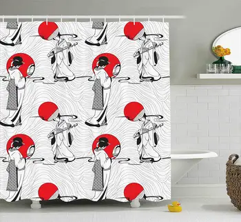 

Asian Shower Curtain Japanese Geisha Girl with Traditional Kimono Folk Culture Style Cloth Fabric Bathroom Decor Set with Hooks