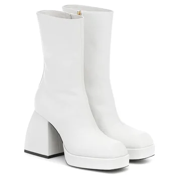 

2020 Fashion Newest Platform Women Mid-Calf Boots Side Zipper Elegant Thick Heels Pumps Wedding Office Lady Shoes Woman