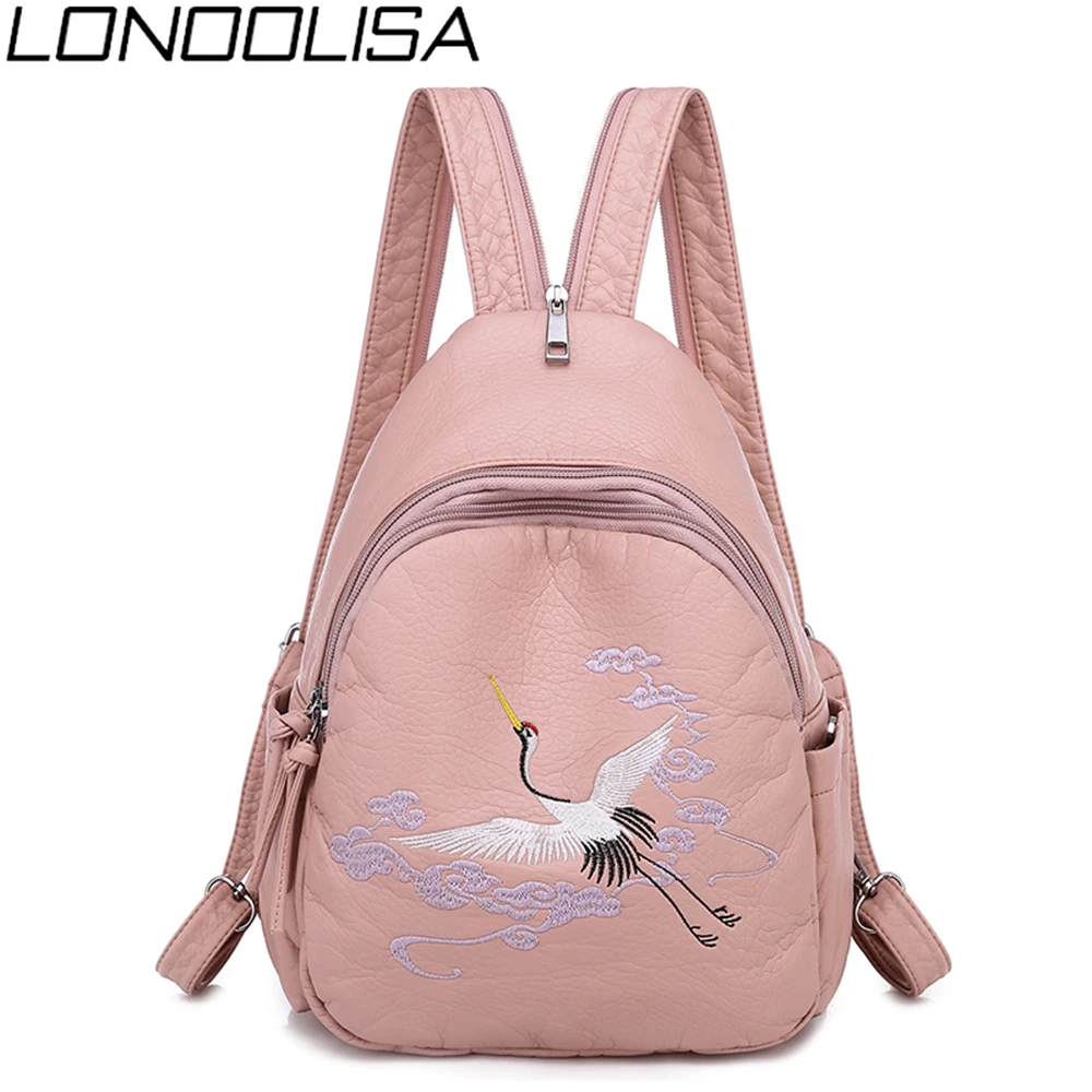 

Fashion 2-in-1 Women Backpack Lady Chest Bag with lovely Rabbit Embroidery Soft Pu Leather Large Capacity Chinese Style Mochila