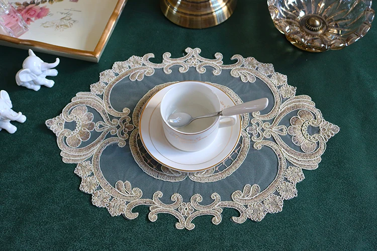 H2006c388e8f347cb99d7c74baeb9e195A Oval 28x42cm European Luxury Lace Embroidered Restaurant Velvet Placemat Small Balcony Coffee Cup Table Mat Vase Pad Coaster Mallzona
