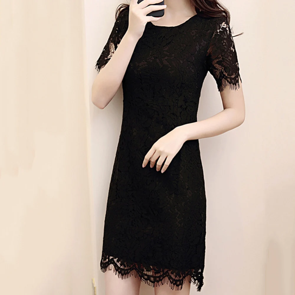 Summer Women fashion lace Dress Round Neckline Short Sleeves Crochet Lace Dress - Цвет: Black