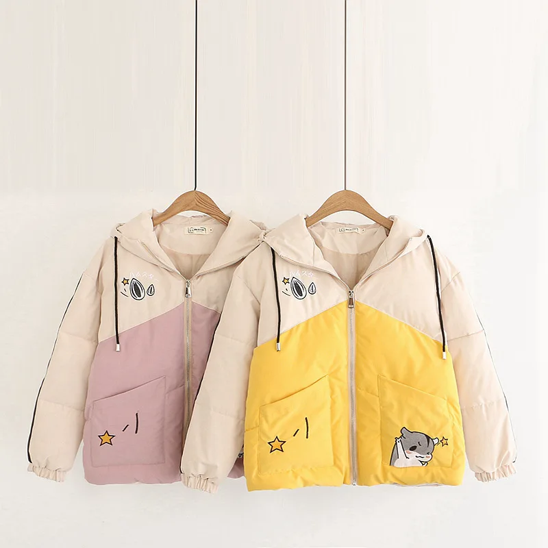 

Japanese-style Mori Girl Line High School Students Sweet Cute Squirrel Printed Joint Warm Cotton-padded Clothes 19 Autumn And Wi