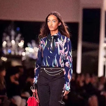 

Woman Blouse Bow Brooch Purple Printing Pure Silk The Design Feels 2020 Summer New Long Sleeve Women Shirts Blouses