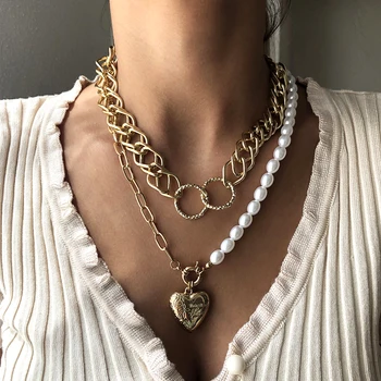 

2Pcs Baroque Pearl Choker Necklace for Women Steampunk Gothic Chain Heart Pedant Necklace HipHop Chunky Chain Necklace Jewelry