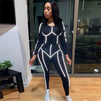 

women autumn skinny jumpsuit Reflective striped patchwork fitness bodysuit 2019 new female casual work out playsuit rompers