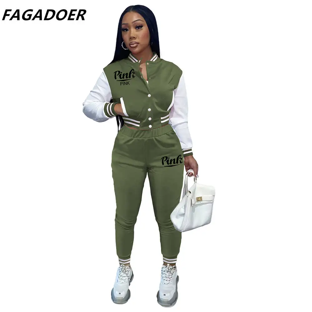 FAGADOER Autumn Winter Baseball Uniform New Women Button Letter Print Coat And Pants Tracksuits Casual 2pcs Outfits Streetwear women's sweat suits sets Suits & Blazers