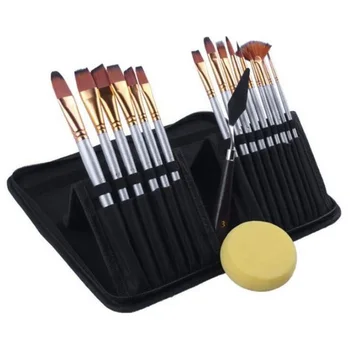 

HOT-Paint Brush Set of 17 15 Different Shapes with Pallete Knife and Sponge Nylon Hair and Ergonomic Non Slip Matte Silver Handl