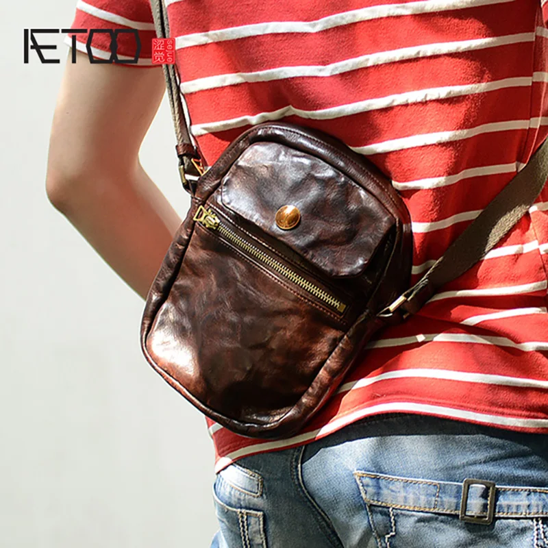 

BJYL Head leather men's leather oblique cross bag, mobile phone bag, leather multi-function shoulder bag