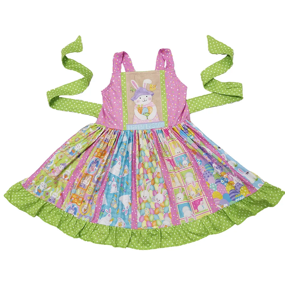 Free shipping children baby girl kids Easter style cute rabbit pattern dots waves full printed patchwork dress clothes clothing | Детская