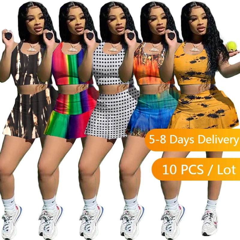

Bulk Items Wholesale Lots Bodycon Two Piece Skirt Set Women Sporty Tie Dye Summer Outfits for Women Crop Top Pleated Skirt Set
