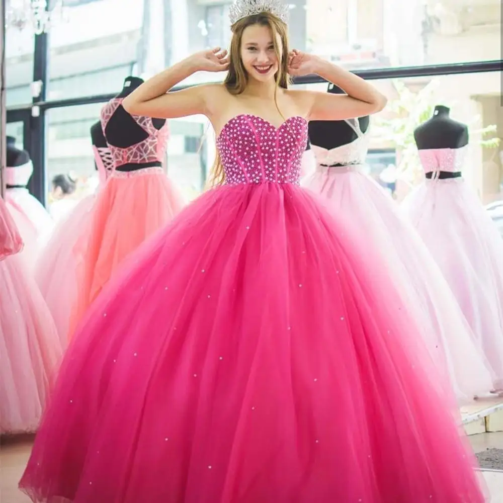 vestidos, бальные платья, украшенные бисером, vestidos de quinceaneras vestidos de 15 aunob, милое платье шестнадцать, розовое, милое - Цвет: Красный
