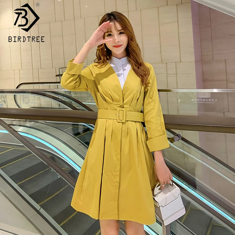 

2019 Autumn New Women's Coat Elegant Preppy Style Two Pieces Set Solid Color Belt Nine-quater Sleeve V-neck Clothing C98702K