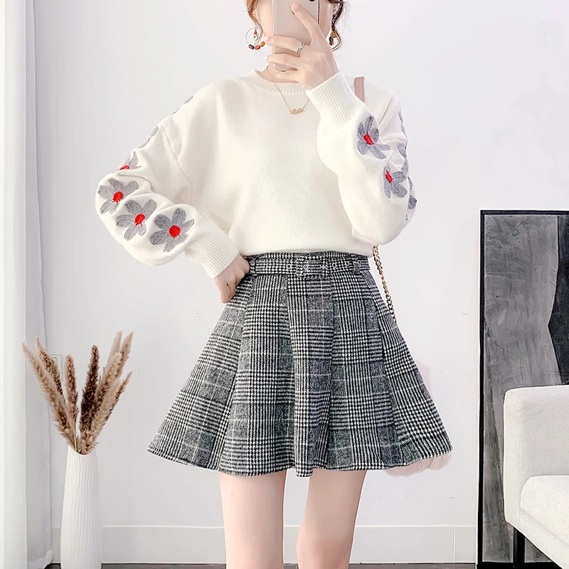 Plaid Umbrella Skirt Suits Fairy Pullovers Floral Sweater Two Piece Outfit Women Knitwear Chic Couture Knitted Top Short Grid Dress Suits Aliexpress
