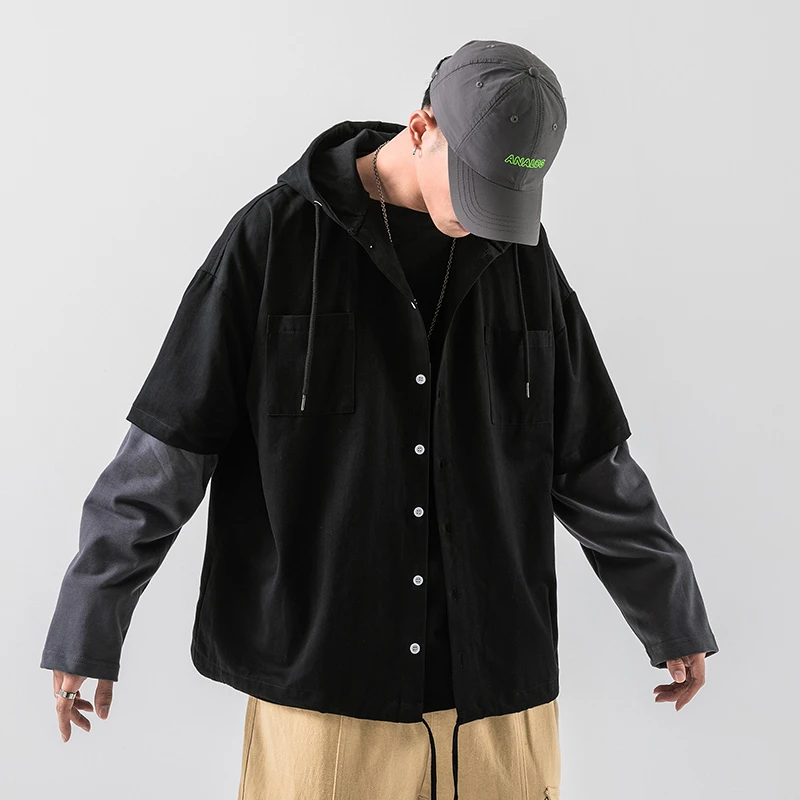 

Cotton Hooded Jacket Men's Fashion Contrast Color Casual Tooling Jackets Mens Streetwear Loose Hip Hop Bomber Jacket Men M-5XL
