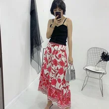 Элегантная богемная Красная Женская юбка с принтом с пуговицами, натуральная Талия, мягкая вискоза, новая мода, легкая посадка, миди плиссированная юбка
