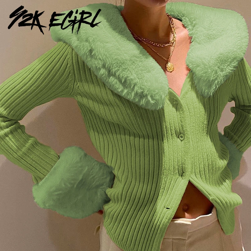 

Y2K EGIRL Autumn Winter Fake Fur Collar Green Knitted Jumpers Vintage Solid Single-breasted Ribbed Long Sleeve Cardigan Harajuku