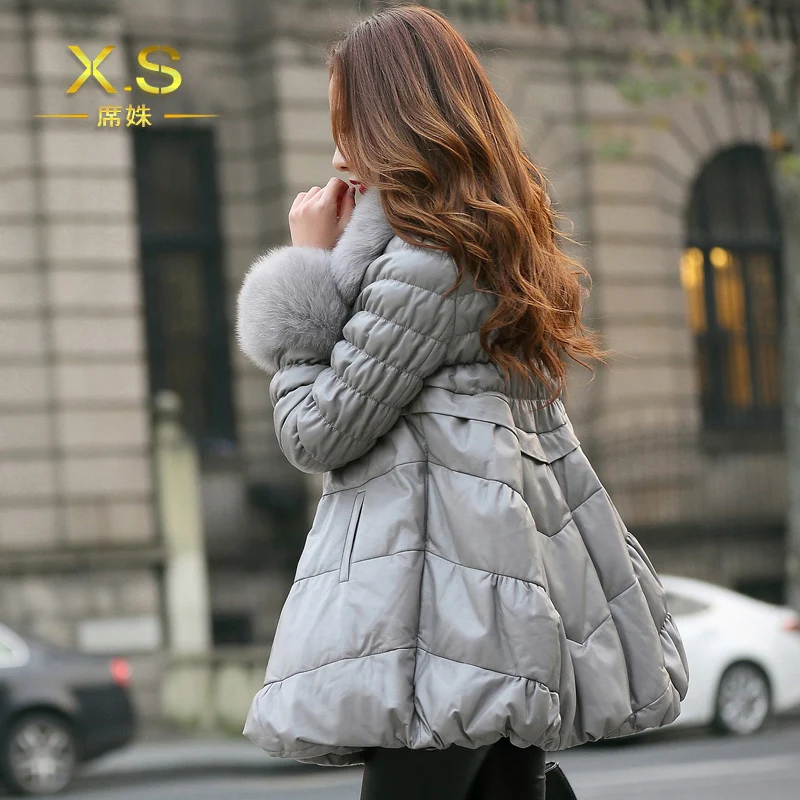 AYUNSUE/ кожаная куртка, зимнее пальто, женский пуховик с лисьим меховым воротником, женская куртка из натуральной овчины, женские теплые пальто, MY4418 - Цвет: gray